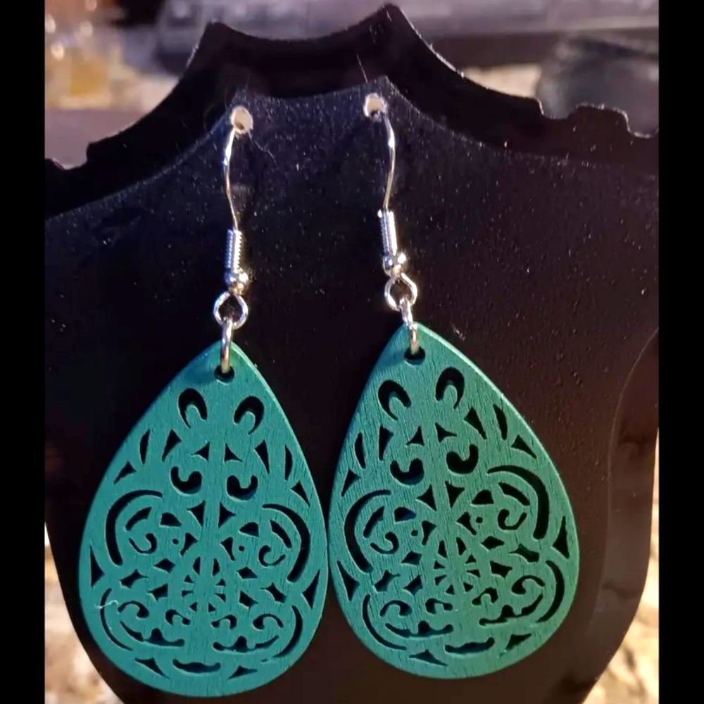 Beautiful Green Oblong Wooden Earrings